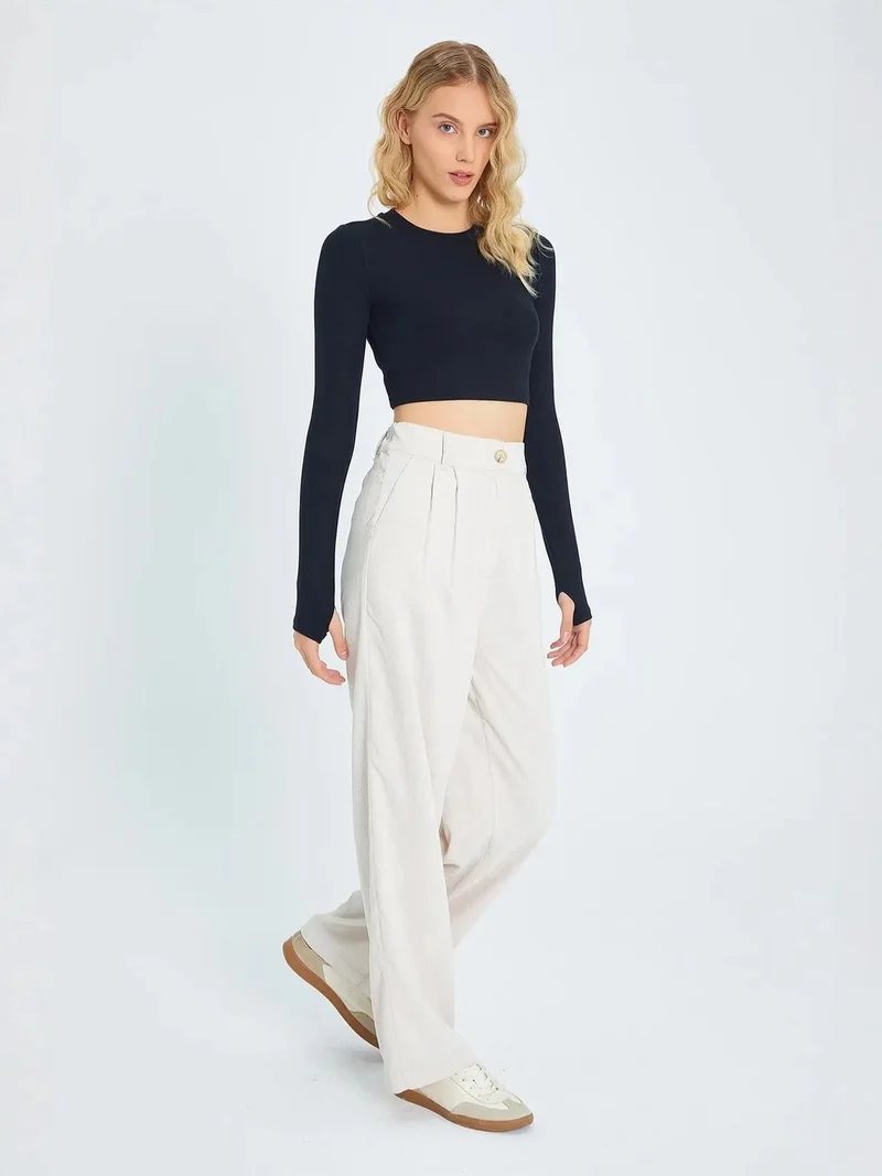 ميكسراي Mixray High Waist Velvet Straight Leg Pants